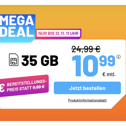 月租仅€10.99 （原€24.99）仅立省336欧！📱每月35GB 包月上网+免费电话/短信