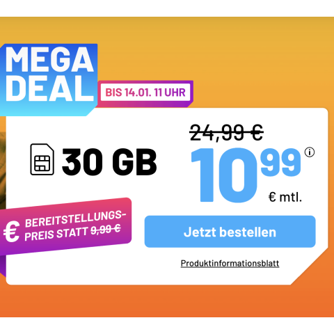 月租仅€10.99 （原€24.99）仅立省336欧！📱每月30GB 包月上网+免费电话/短信