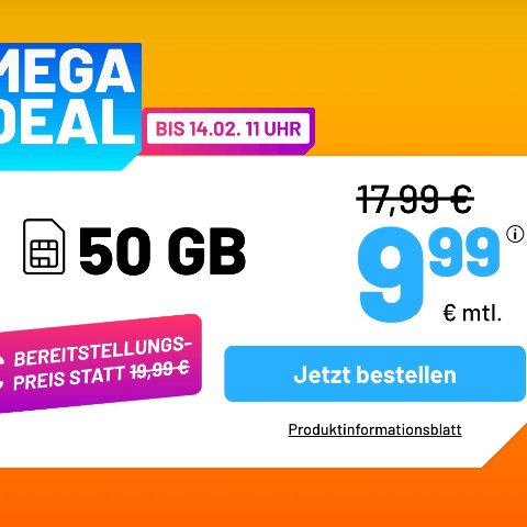 月租仅€9.99 （原€17.99）仅立省192欧！📱每月50GB 包月上网+免费电话/短信