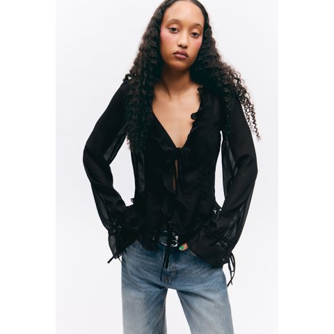 黑色雪纺绑带上衣