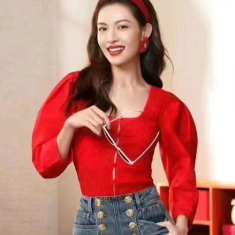 Ganni钟楚曦同款泡泡袖上衣