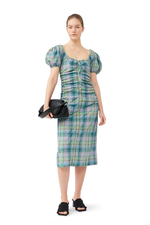 Seersucker Check Gathered U-neck Midi Dress