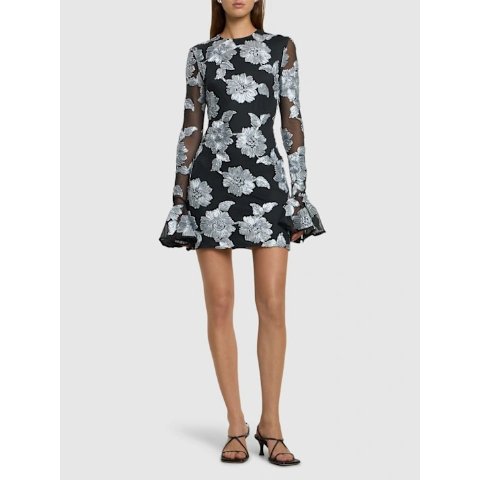 花朵网眼长袖迷你连衣裙