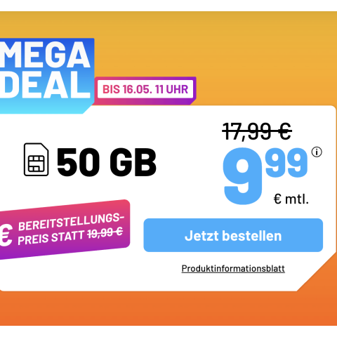 月租仅€9.99 （原€17.99）仅立省192欧！📱每月50GB 包月上网+免费电话/短信
