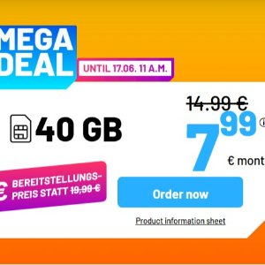 月租仅€7.99 （原€14.99）仅立省168欧！📱每月40GB 包月上网+免费电话/短信