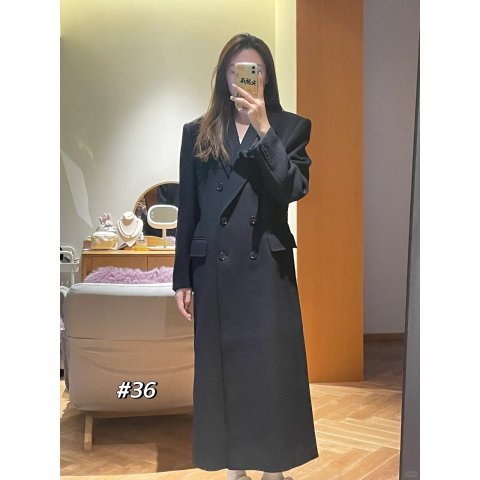 COS黑色正肩双排扣羊毛长款大衣