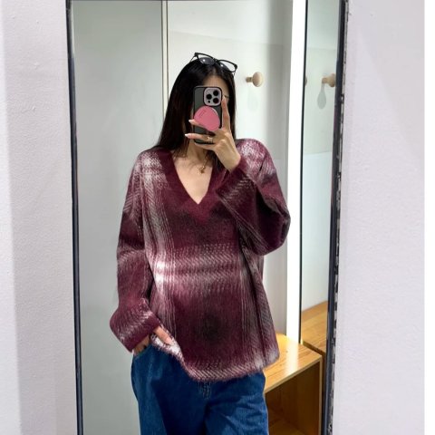 格纹羊驼毛套头衫