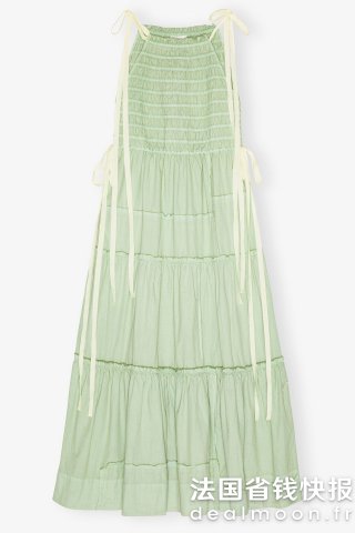 Ganni抹茶绿荷叶边褶皱连衣裙