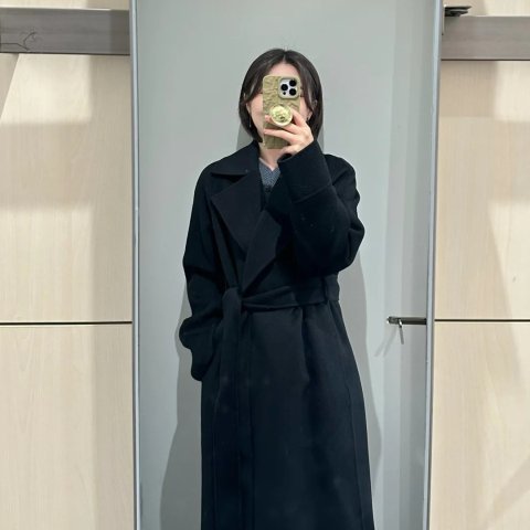 绑带羊毛长款双面呢大衣