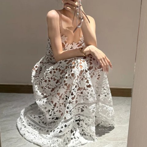 Self-Portrait杜鹃花蕾丝中长连衣裙