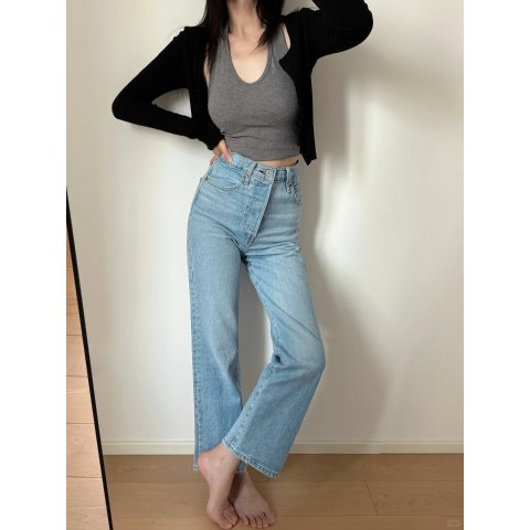 Ribbed 直筒微喇高腰牛仔裤