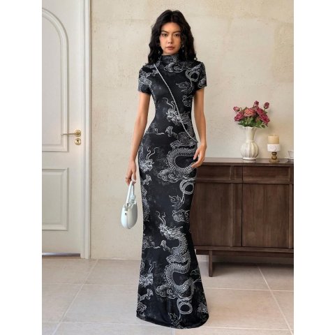 EastFlair 长款中式龙纹连衣裙