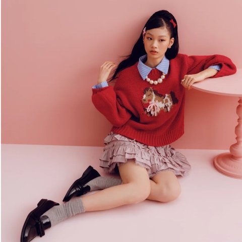 马头提花长袖蝴蝶结毛衣