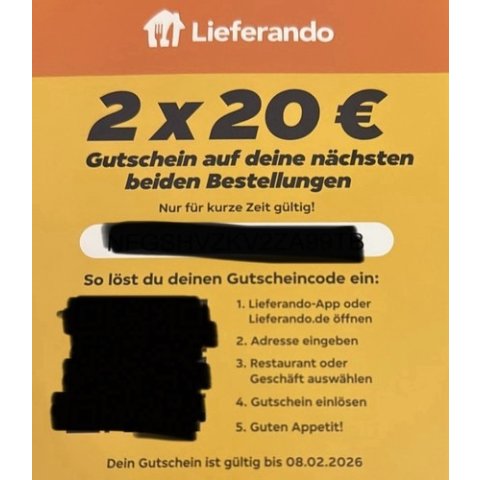 20欧收40欧券Lieferando 礼品卡 40欧元