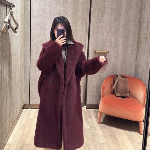 酒红色士宽松泰迪大衣