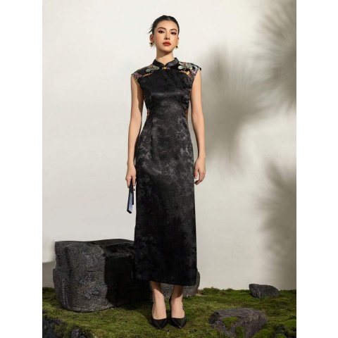 Qipao 曼陀林领 无袖花卉连衣裙