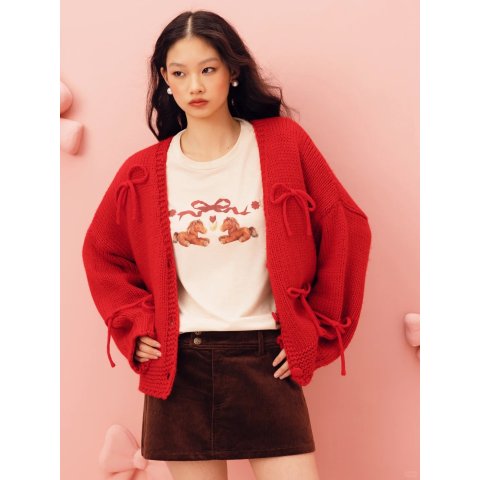 羊毛V领蝴蝶结宽松开衫