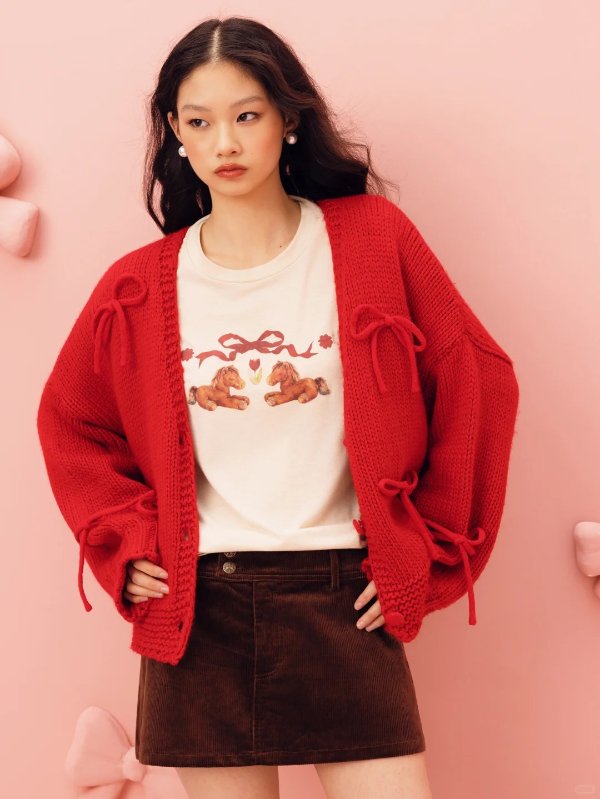 羊毛V领蝴蝶结宽松开衫