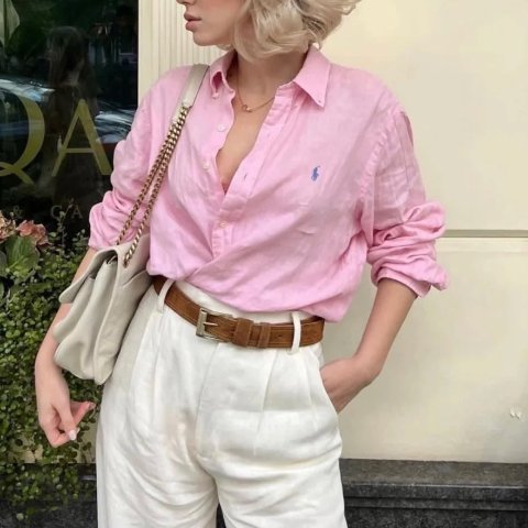 粉色亚麻Polo衫