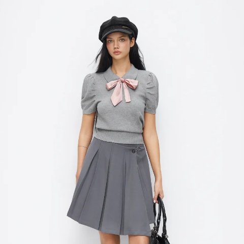 针织蝴蝶结泡泡袖短上衣