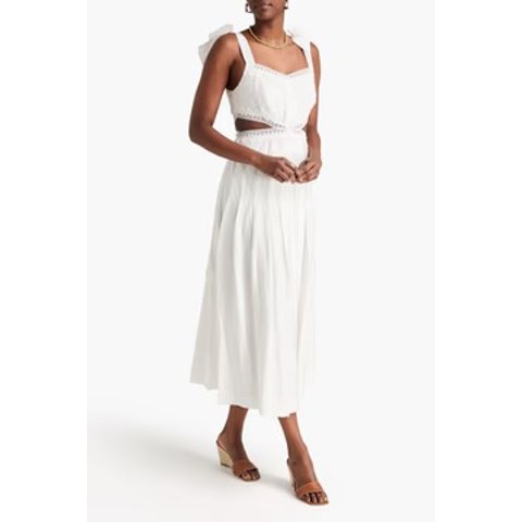 蕾丝边拼接中长斜纹连衣裙