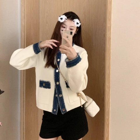 Denim 拼接针织开衫