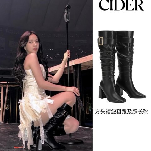 Plissee 方跟及膝靴 