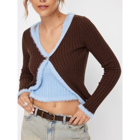 Knit V领拼色长袖毛衣