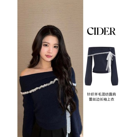 rush outfits 针织羊毛混纺露肩长袖上衣