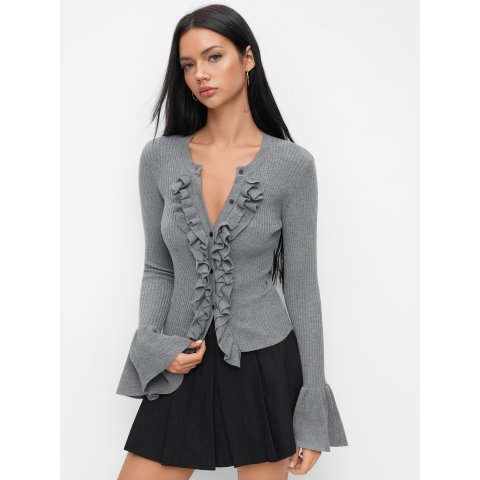 Knit 羊毛混纺圆领喇叭袖上衣