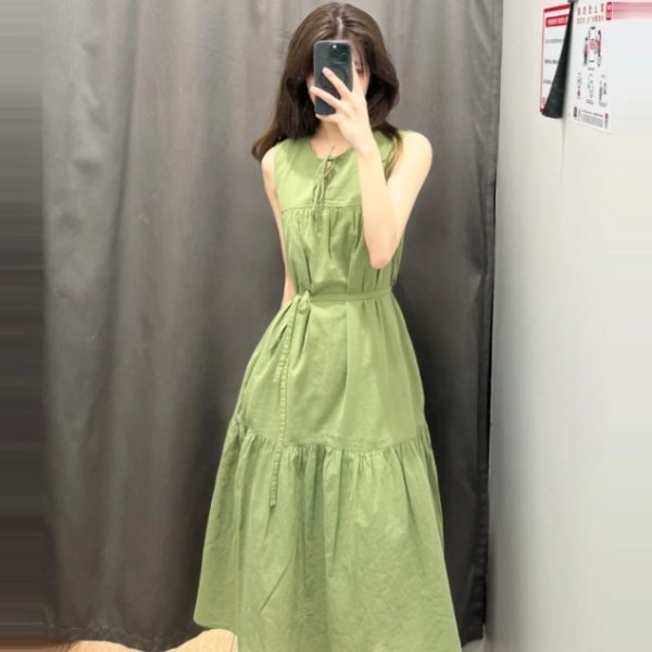 仙踪绿无袖系带连衣裙