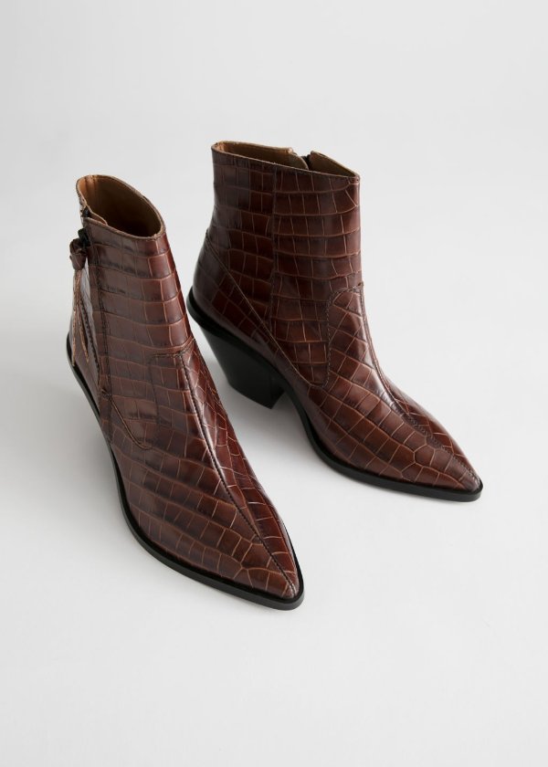 Croc Leather Cowboy Ankle Boots