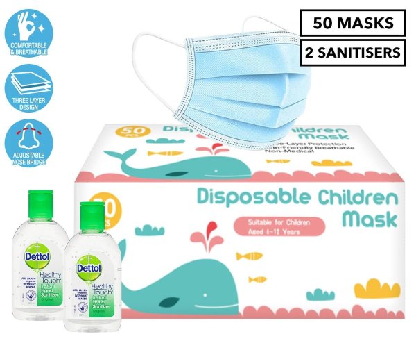 Children's 3ply Disposable Face Masks 50pk + 2 x Dettol Instant Hand Sanitiser Original 200mL