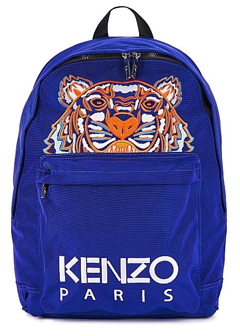 Blue tiger-embroidered canvas backpack