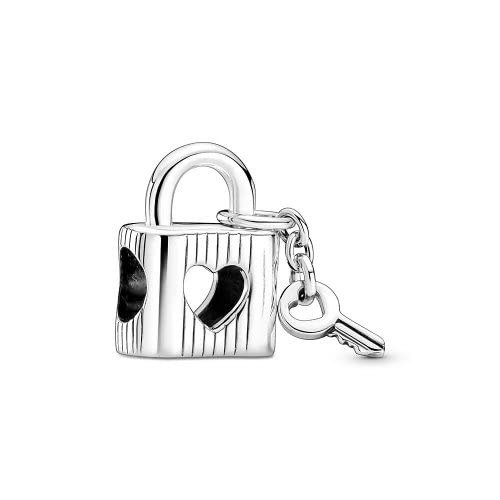790095C01 Padlock with Heart Key Silver Charm, one size, Sterling 