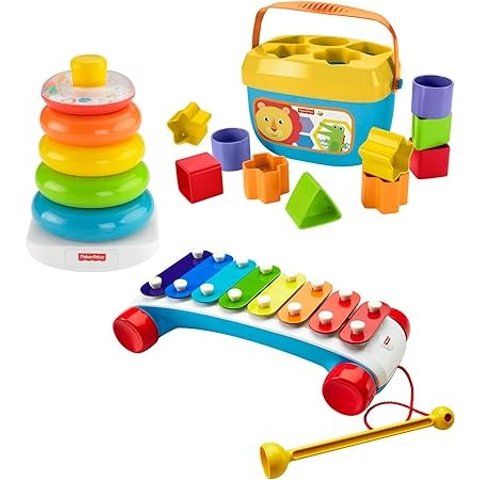 Fisher Price 经典婴儿三重奏礼品套装，可堆叠、分类和音乐播放