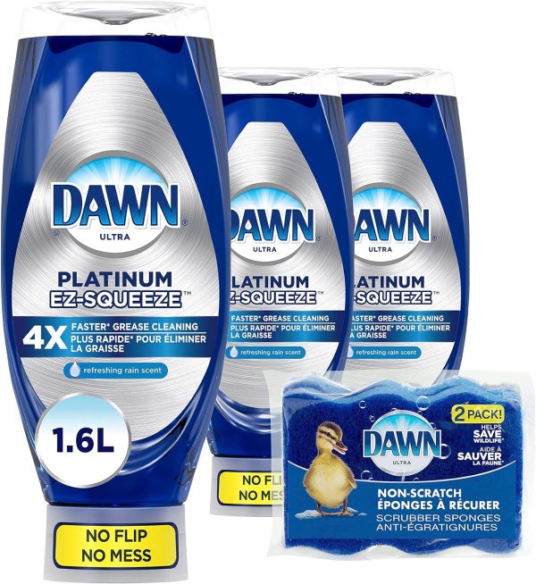 Dawn  EZ-Squeeze 洗碗液535mL 3瓶装+还送2个 防刮洗碗海绵