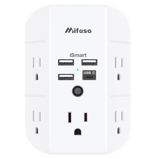 mifaso 9合1壁插式插座 5孔 + 4 USB 独特三面设计 电涌保护