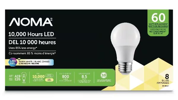 NOMA A19 E26底座 LED灯泡8个 800流明