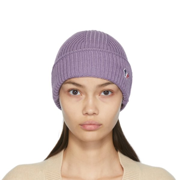 紫色羊毛狐狸毛线帽