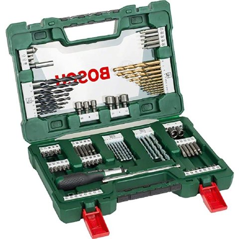 Bosch 91-Piece V-Line Titanium Drill Bit and Screwdriver Bit Set with Ratcheting Screwdriver (For Wood, Masonry, and Metal)