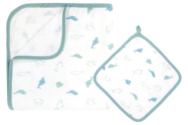 四层竹棉纱宝宝盖毯+口水巾-白鲸宝宝