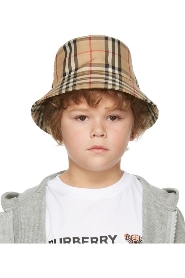 Kids Beige Vintage 格纹渔夫帽