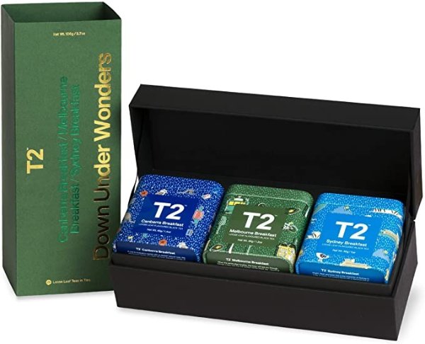 T2 Tea Down Under Wonder Black Tea Gift Pack, 3 Loose Leaf Breakfast Black Tea in Mini Limited Edition Tin, 105 g