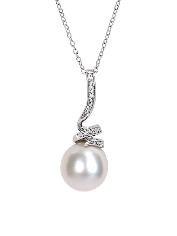 纯银11MM-12MM 白色圆形淡水珍珠钻石项链