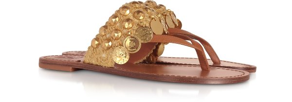 Tory Burch Tan Leather Patos Coin Sandals