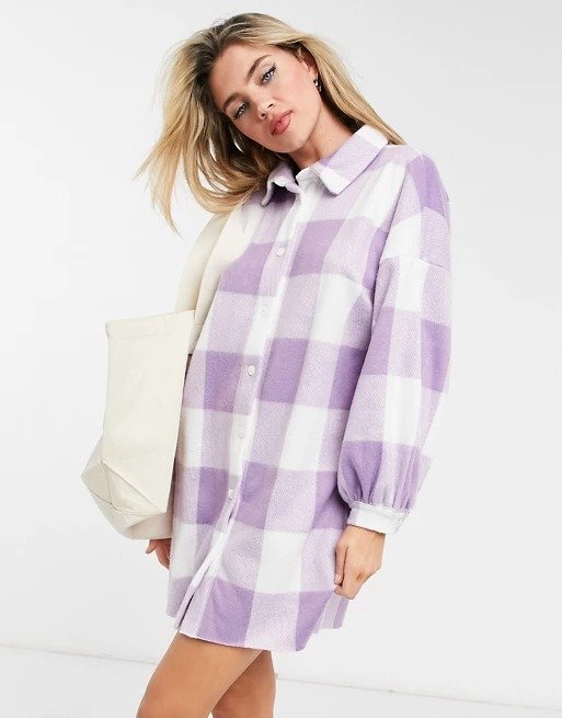 白紫色格纹长款衬衫