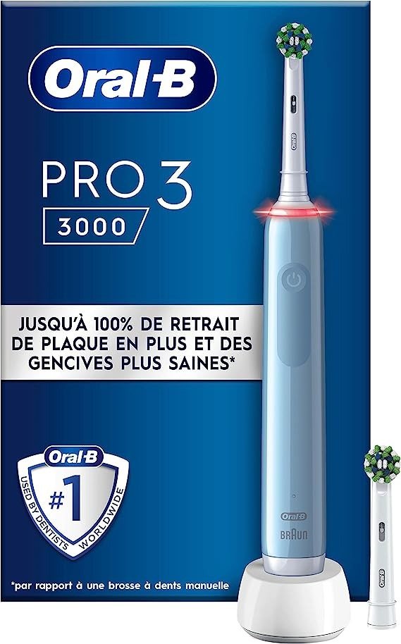  PRO 3 3000 电动牙刷/电动牙刷，2 个 CrossAction 刷头，有 3 种刷牙模式和 360° 视觉压力控制用于牙科护理，礼物男士/女士，蓝色