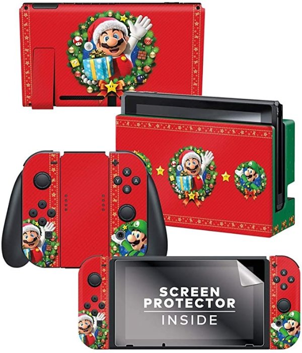 Controller Gear Nintendo Switch Skin & Screen Protector Set, Officially Licensed by Nintendo - Super Mario "HolidayWreath" Switch Skin