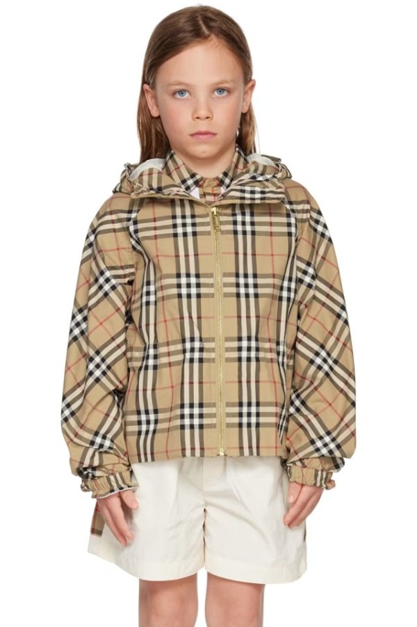 儿童米色 Vintage 格纹夹克

